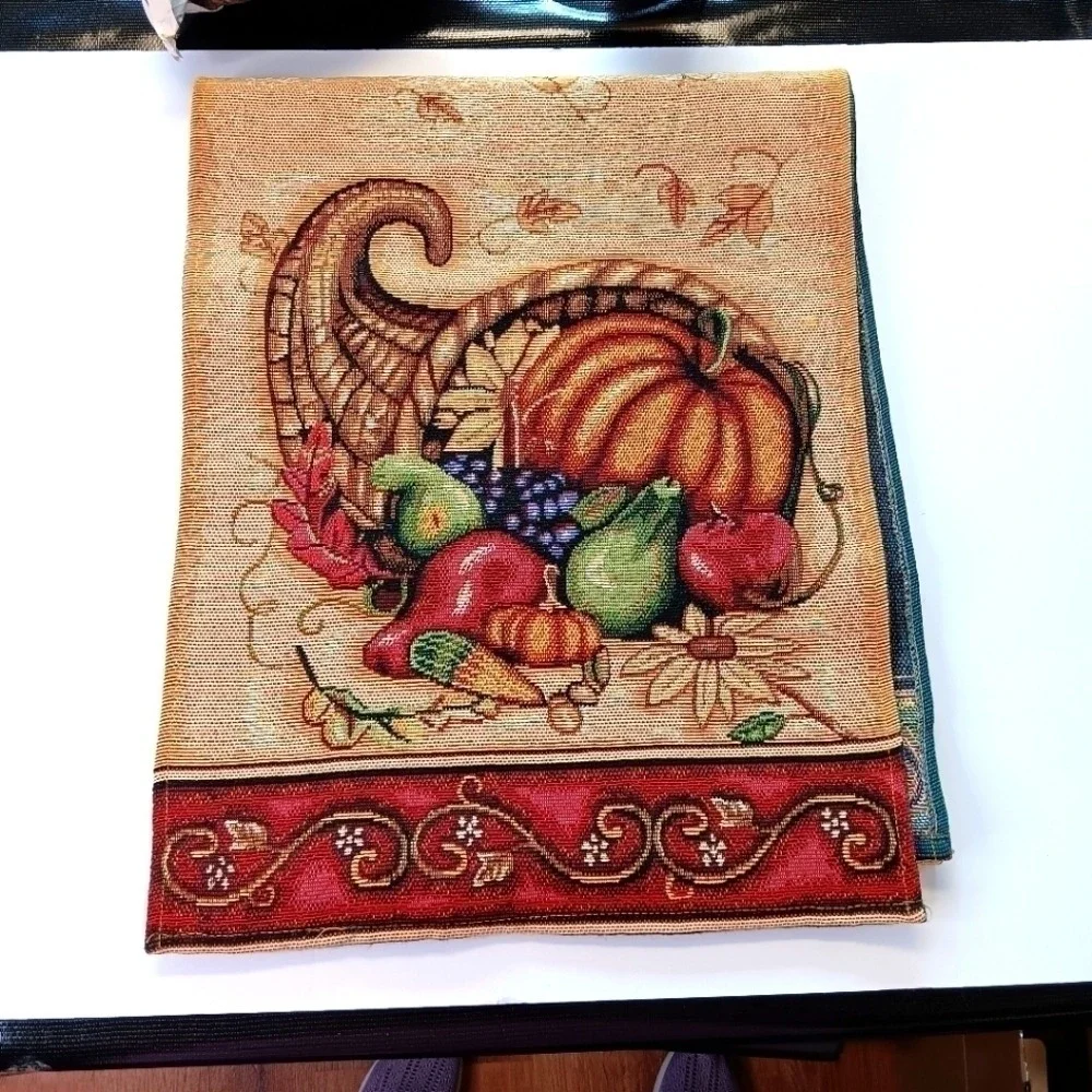 Fall Table Runner Thanksgiving Pumpkin Embroidered‎ Tapestry Cornucopia Decor